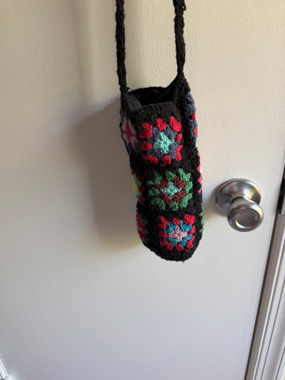 Handmade Black Crochet Water Bottle Sling with Multicolor Floral Squares